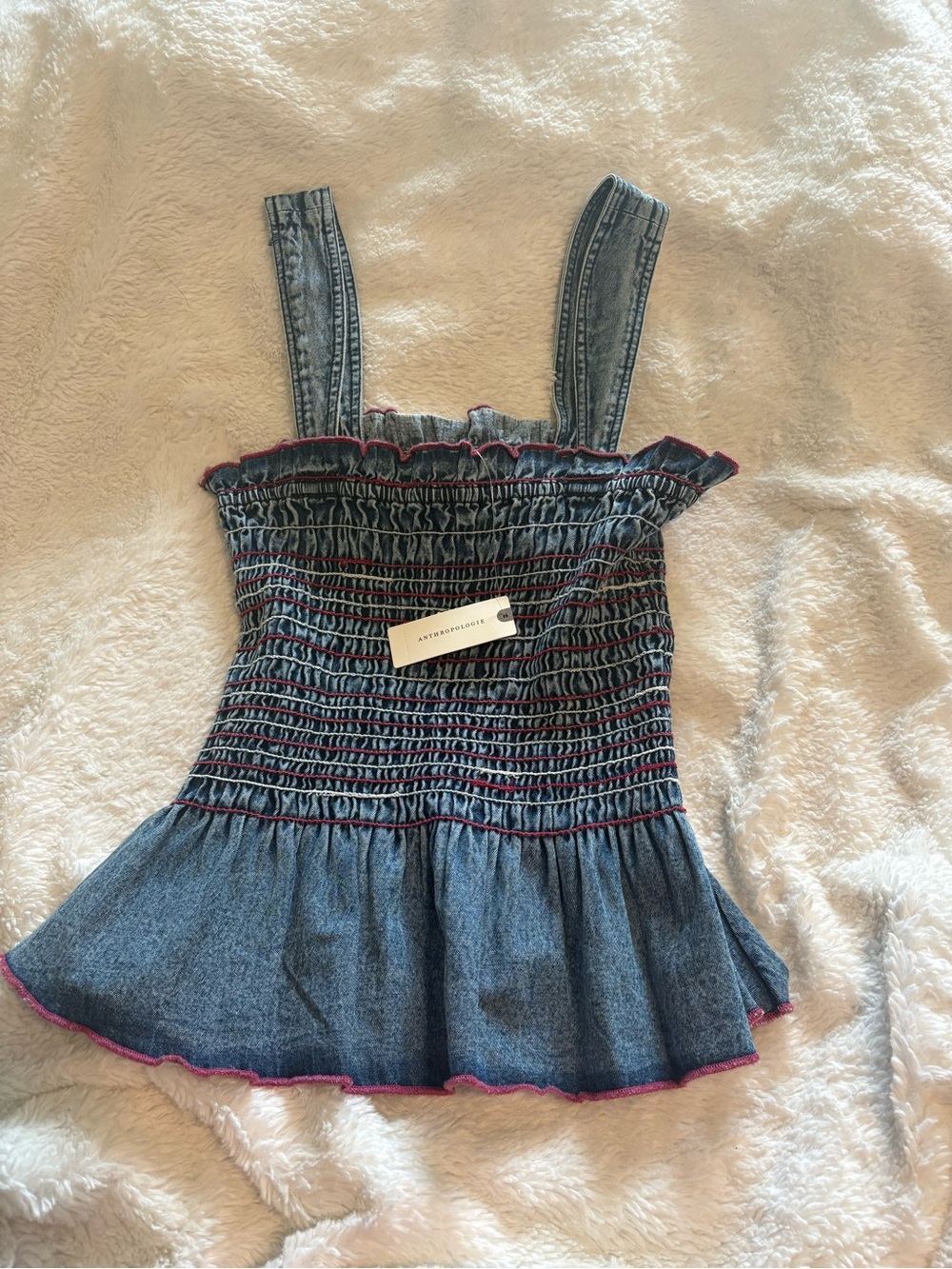 Anthropologie Denim Smocked Kids Dress with Pink Trim